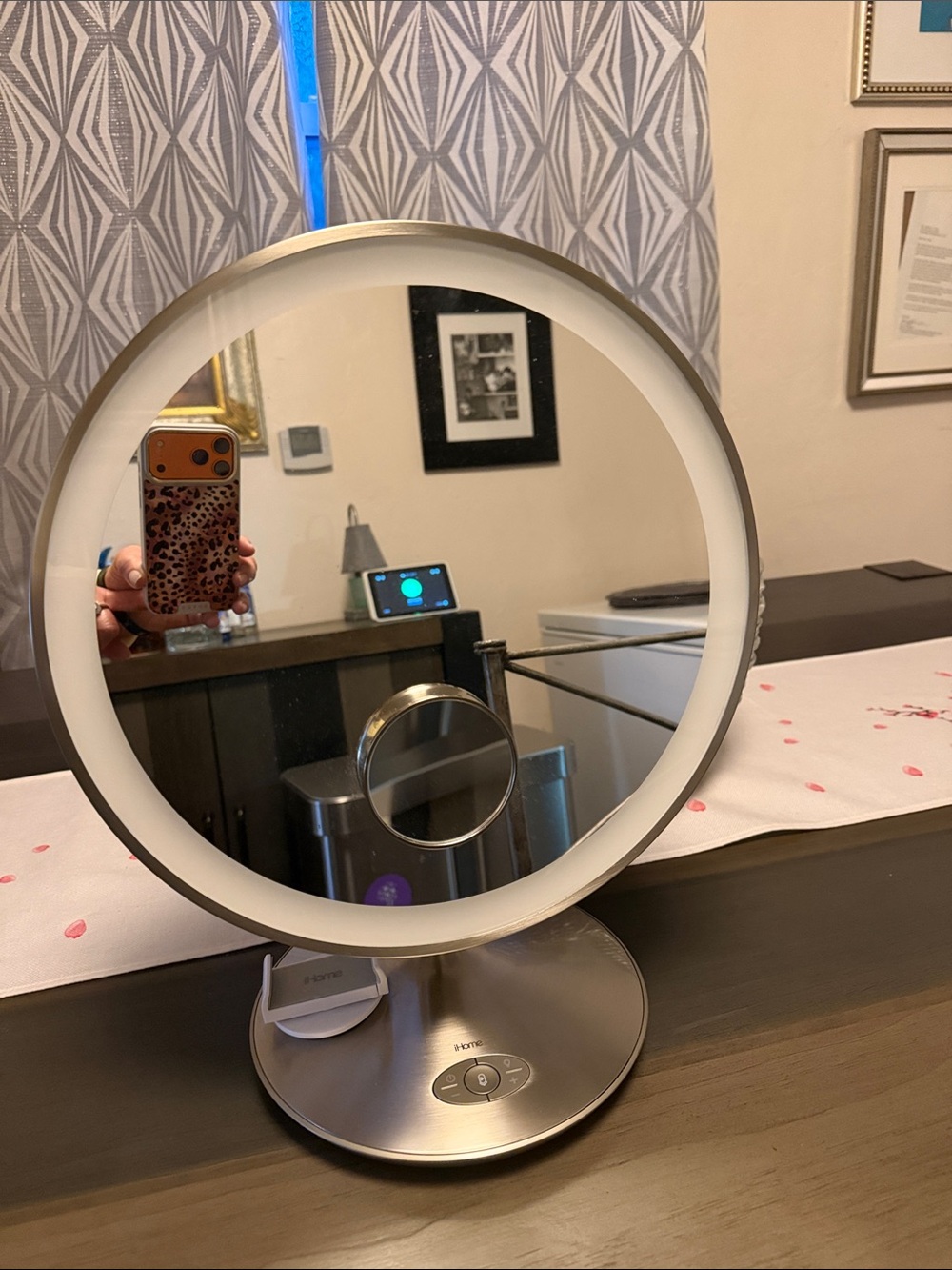 iHome Silver LED Lighted Round Vanity Mirror with Magnifier